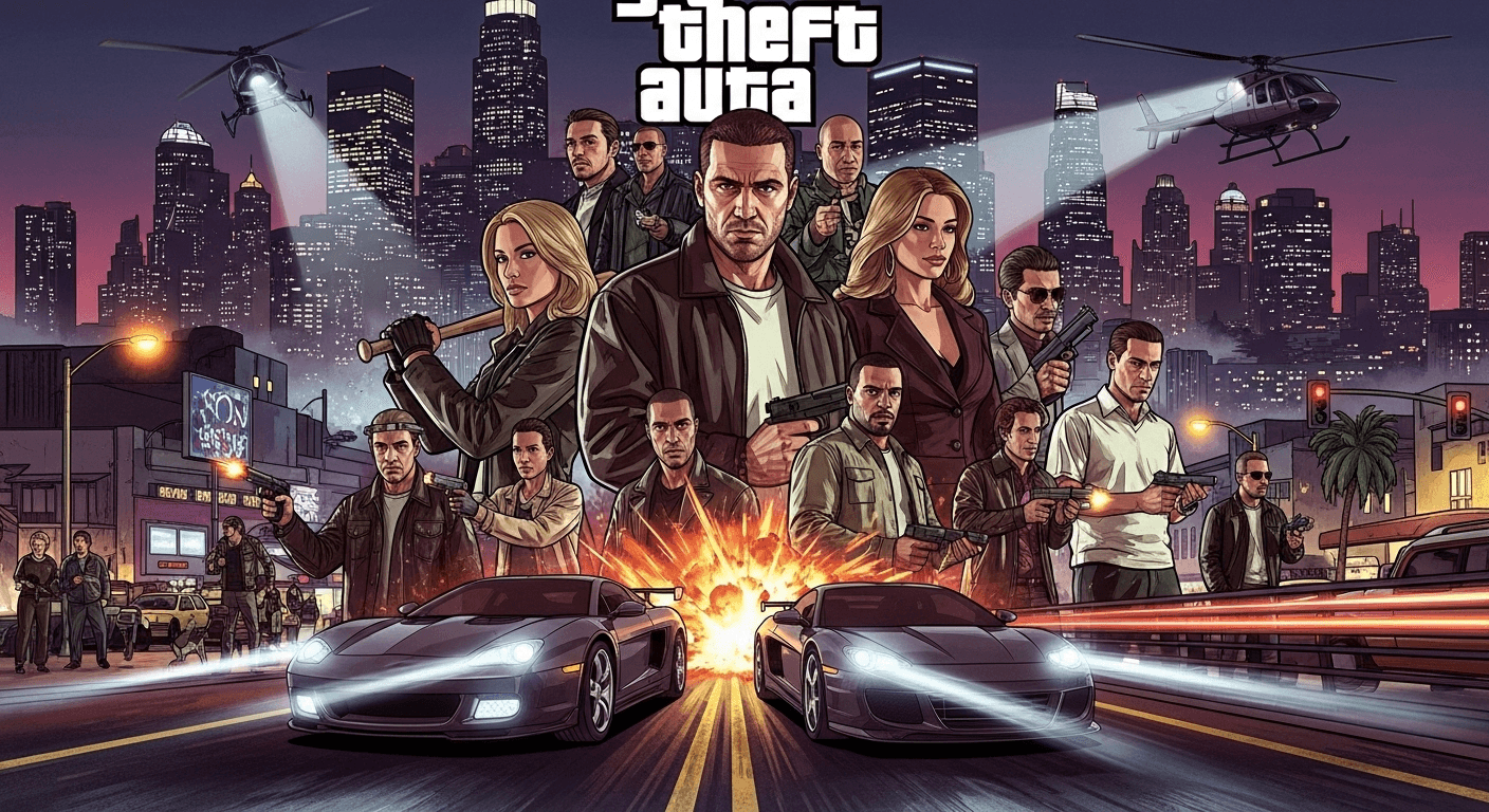 Grand Theft Auto artwork highlighting console gaming